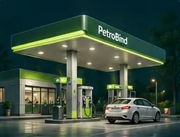 A PetroBind-branded petrol station forecourt with a car at the pump