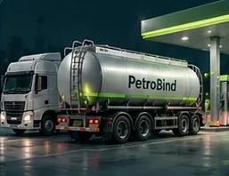 A PetroBind-branded fuel tanker truck on a forecourt