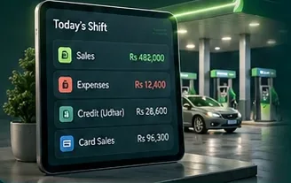 A tablet showing today's shift: sales, expenses, credit and card sales
