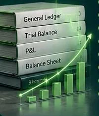 Stacked ledger books for the General Ledger, Trial Balance, P&L and Balance Sheet with a rising chart