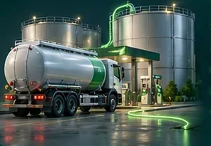A fuel tanker delivering to the storage tanks at a petrol station