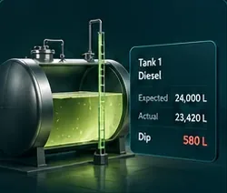 A cutaway fuel tank beside a readout comparing expected and actual dip for Tank 1 Diesel
