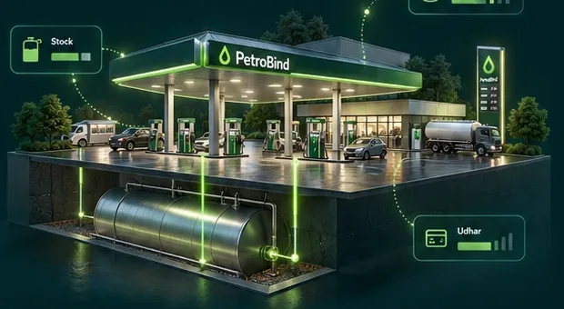 A petrol station with a cutaway underground tank and stock, cash and udhar indicators