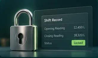 A padlock beside a locked shift record showing opening and closing readings