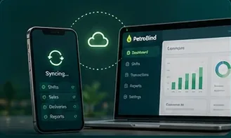 A phone syncing with a laptop dashboard through the cloud, working offline