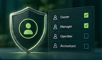 A shield beside a permission matrix for owner, manager, operator and accountant